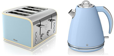 Swan Kitchen Appliance Retro Set - BLUE 1.5 litre Jug Kettle & BLUE 4 Slice Toaster Set