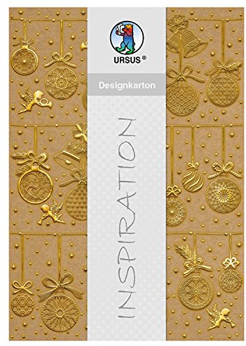 Ursus 62254601F - Designkarton Weihnachten, Weihnachtskugeln, gold, DIN A4, 5 Blatt, 250 g/qm, einseitig bedruckt, folienveredelt, ideal für weihnachtliche Kartengestaltung und kreatives Basteln