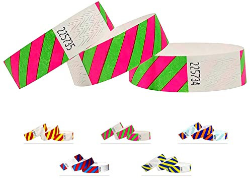 Bracelets d'identification Tyvek 19 mm, Rayé, 500 pièces, Bracelets événementiels (Rose-Vert, 500 Pack)