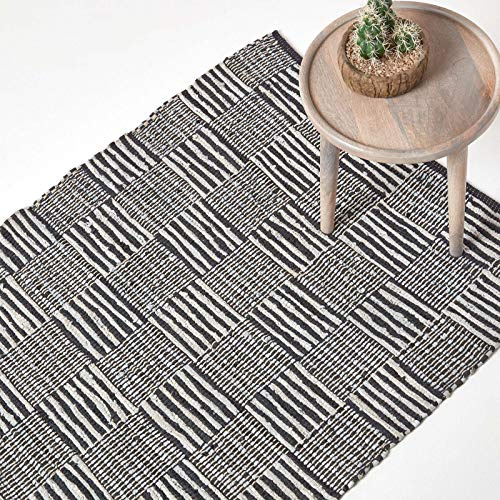 HOMESCAPES Black & White Genuine Leather Rug Handwoven Striped Block Check Eco Friendly Real Leather Rug, 150 x 240 cm