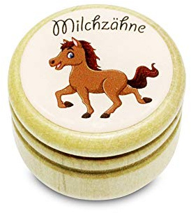 GICO Milchzahndose Pferd Zahndose Milchzähne Bilderdose aus Holz mit Drehverschluss 44 mm (Pferd) - 7013