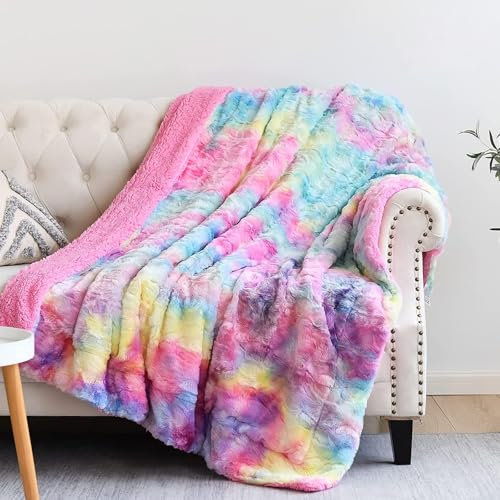 NEWCOSPLAY Super Soft Faux Fur Throw Blanket Premium Sherpa Backing Warm and Cozy Throw Decorative for Bedroom Sofa Floor (Thick-Dark Multi, Throw(50x60))