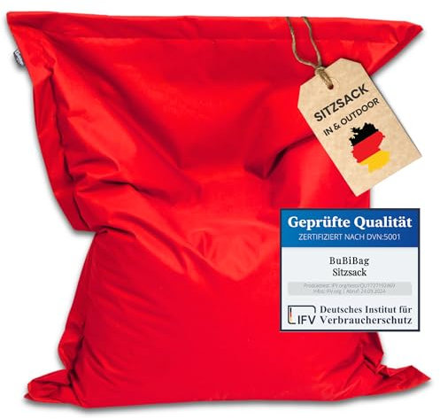 BuBiBag Riesen Sitzsack XXL mit Füllung, Outdoor Sitzsäcke für Kinder und Erwachsene, Beanbag mit waschbarem Bezug & über 3 Mio. EPS-Perlen (Rot 190x145cm)