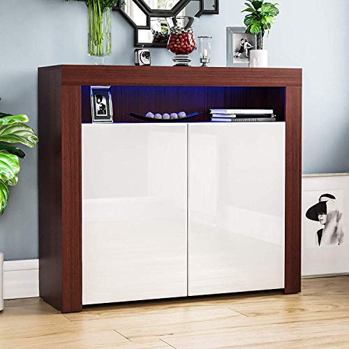 Vida Designs Nova 2 Door Modern LED Sideboard in Walnut & White, RGB Lights (Fade/Strobe Options Included), Wooden Matte Style with High Gloss Features