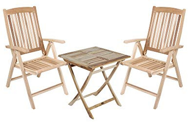 Dynamic24 3tlg. Teak Tischgruppe Gartenmöbel Gartentisch Stuhl Garten Stapelstuhl Tisch