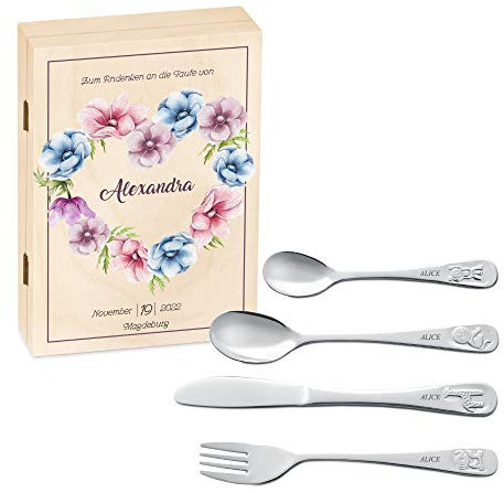 Maverton Kinderbesteck Set mit Gravur + Holzbox mit Aufdruck - mit Tieren - aus Edelstahl - Weihnachtsgeschenke - Braun - Geschenk für Mädchen zum Geburtstag zur Taufe Geburt - Blumenherz