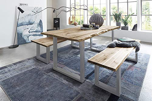 SAM 3 TLG. Essgruppe Quintus, Baumkantentisch 220x100 cm & -Bank 220x42 cm, Akazienholz massiv, naturfarben, U-Gestell Silber
