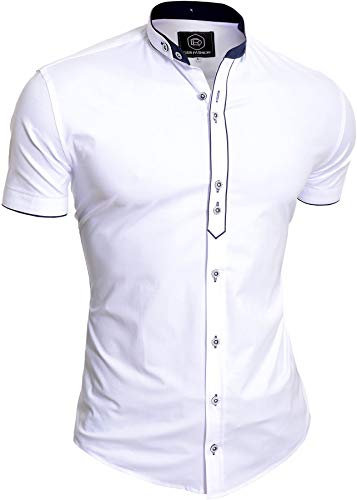 D&R Fashion Men's Casual Short Sleeve Shirt Smart Grandad Collar Cotton Slim Fit (Small, White)