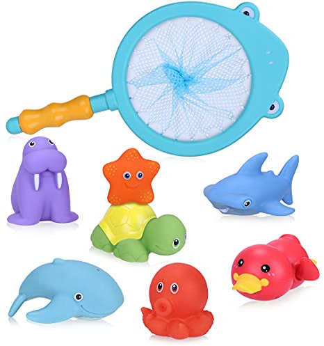 Vacoulery Badespielzeug für Baby ab 1 2 3 Jahr, 8 Stück Badewanne Spielzeug Kinder Wasserspielzeug Baby Nettes Badewannenspielzeug Wasserspritztiere mit Fischernetz für Baby Badewanne