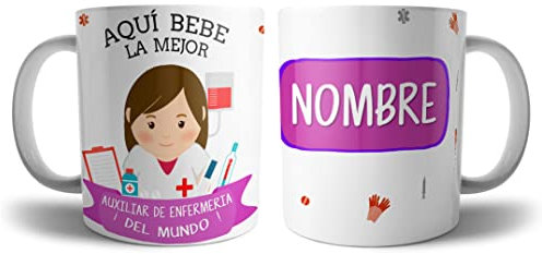 Kartoon Kase Taza Auxiliar Enfermeria Mujer Original Personalizada con Nombre | Mejor del Mundo Taza Profesiones de Cafe Desayuno para Regalar (Auxiliar Enfermeria Mujer)