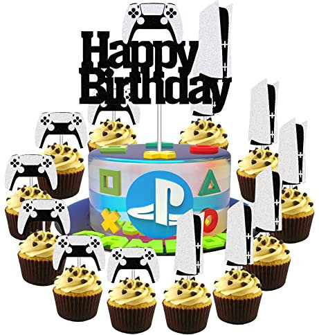 Video Game Cake Topper Set - 1 Large Video Game Cake Topper and 12 Game Controllers Cupcake Toppers - PS5 Gamepad Cake Toppers for Boy's Men's Birthday Party Decoration or Baby Shower