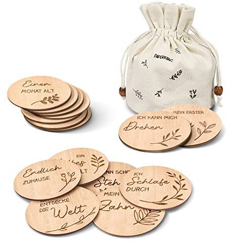 PaperKiddo Baby Meilensteinkarten,30 Design15 Stücke Meilensteinkartenset aus Holz während der Schwangerschaft, als Geschenk für werdende Eltern und Babys zur Babyparty(Deutsch Meilensteinkarten)