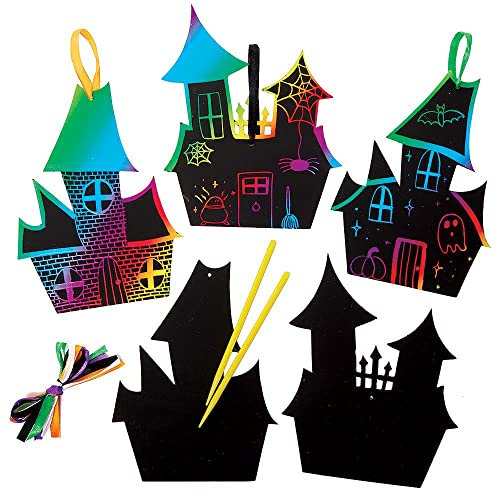 Baker Ross FX189 Spukhaus Kratzkunst Dekorationen-10er Pack, Halloween Dekorationen Gravierkunst Bastelset für Kinder