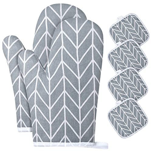AUAUY Gants de Four, 1 Paire Gants de Cuisine Coton avec 4 Maniques Cuisine, Lavable Gant Cuisine Four, Gants de Cuisine Antidérapants, Gant Cuisine Anti Chaleur pour Barbecue, Cuisson(rayures grises)