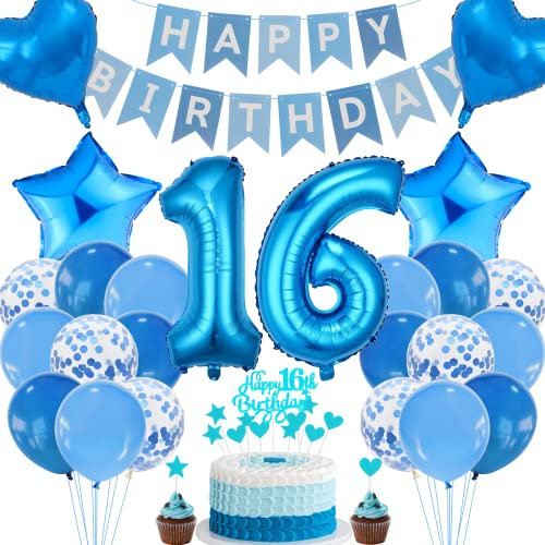 Cnrose 16. Geburtstag Dekoration - Blau Tortendeko für Junge und Mädchen - Party Deko Set