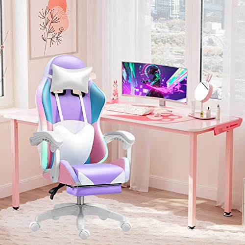 Office Video Gaming Chair with RGB LED Light and Bluetooth Speakers High Back PU Leather Reclining Ergonomic Computer Chair with Swivel Headrest and Armrest Lumbar Support,Purple