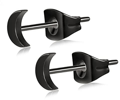 Artskin Women Earrings Flat Titanium Nickel Free Hypoallergenic Stud Earrings for Sensitive Ears Dainty Earring Studs for Women Girls Teens (Moon-Black)
