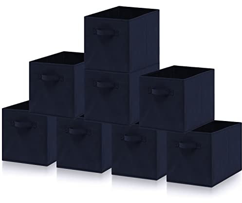 Hibtn Set of 8 Foldable Storage Box, 33 x 38 x 33 cm, Fabric with Handles Storage Cubes And Cloth Storage Organizer Drawer For Closet And Toys Storage, Navy Blue