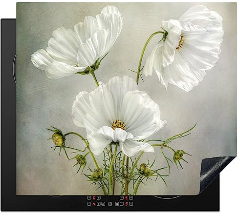 KitchenYeah© Herdabdeckplatte Einteilig Küche Ceranfeld Abdeckplatte Cerankochfeld Abdeckung Induktionskochfeld Schutzmatte Blumen - Mohn - Weiß - Botanik - Moderne - 57x51 cm