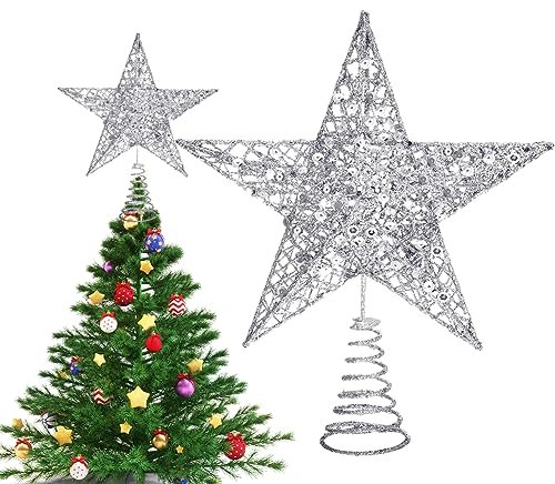 Strahlender Weihnachtsbaumstern Aus Metall - Silver Christbaumspitze Mit Funkelnden Glitzerdetails -Stern Baumspitze Ausgehöhlte, Tannenbaum Stern Weihnachtsfeier Decoartion - 24 cm Baumkronenstern