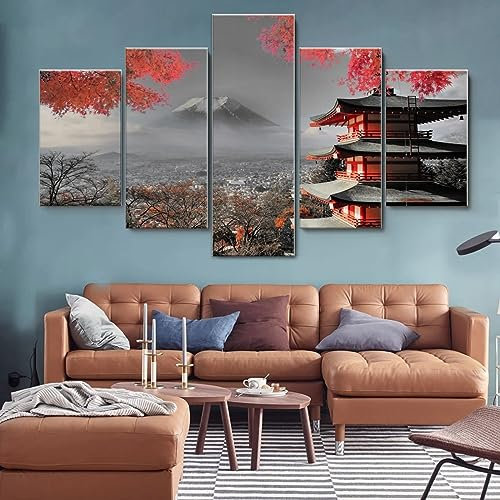 tableau multi panneau 5 parties Temple japonais en automne noir blanc rouge tableau imprimé sur toile,tableau imprimé xxl,tableau deco murale,tableaux,posters et arts décoratifs,hd print,125x60cm