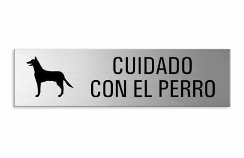 Cartel Cuidado con el perro | Aluminio 150x40 mm Aspecto Acero Inoxidable | Autoadhesivo