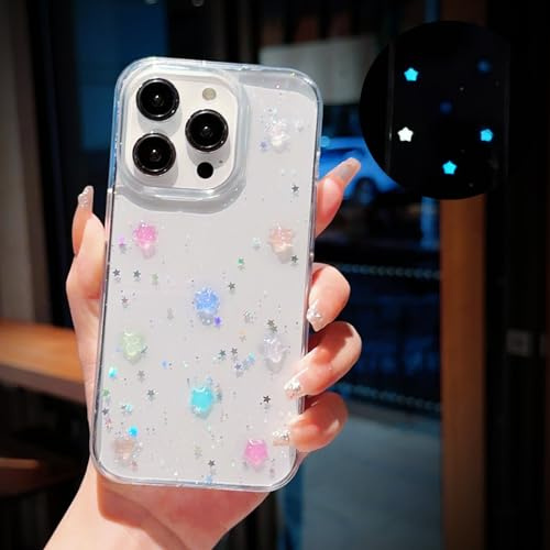 VALRION Kompatibel mit iPhone 15 Pro Max 3D leuchtende Sterne Handyhülle leuchtet im Dunkeln nachtleuchtend Bling Hülle für Frauen Mädchen Weich Slim TPU Stoßfest Sparkly Light up Transparent Phone