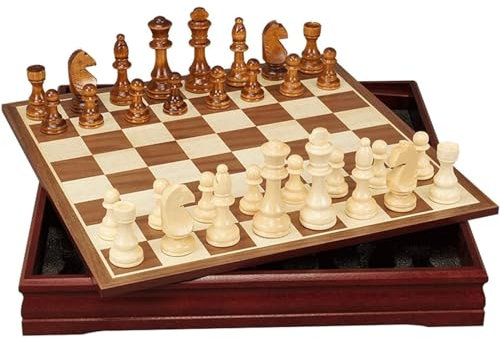 HSHTTKL Meisterschaft Wippe-Design-Schach, Schachbrett aus MDF-Platte, Schachfiguren aus massivem Holz, tragbares Schachspiel, Retro-Ornamente im europäischen Stil Handwerkskunst