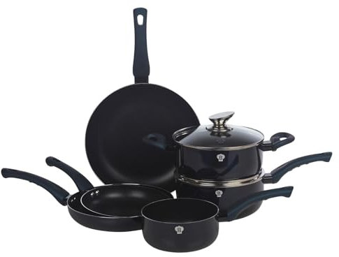 Blaumann 8 Pcs Cookware Set Cooking Pots Pans with Soft Touch Handles Glass Lids (Aquamarine)