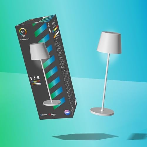 tint Smarte LED-Tischleuchte Dalia Weiß, farbiges Licht RGB für indirekte Beleuchtung, Farbwechsel, 8W, 6 vorprogrammierte Lichtszenen, Bluetooth+Zigbee, funktioniert mit Alexa