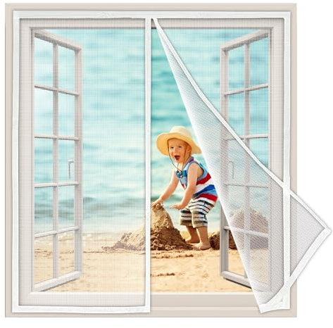 Insektenschutz Fenster Vorhang Premium Fliegengitter, 195x235 cm mit eingenähten Gewichten und selbstklebenden Klemmleiste Fliegenvorhang für Balkontür Schiebetür Innovativ, Weiß