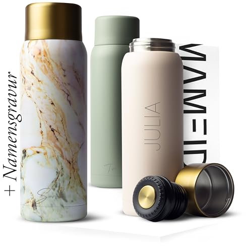 MAMEIDO Thermoskanne personalisiert 1l mit Becher - auslaufsichere Isolierkanne mit Namen, personalisertes Geschenk mit individueller Namensgravur (Pearl Marble Gold, 1.000ml)