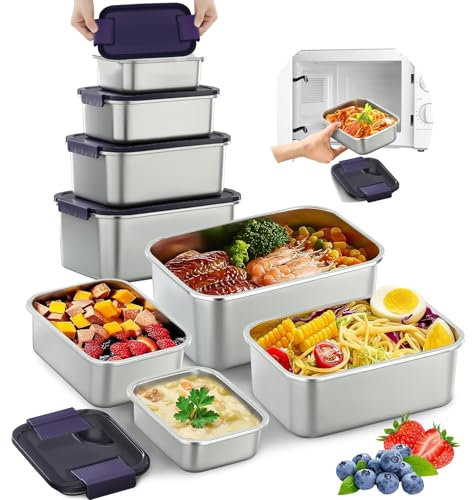 MAISON HUIS Edelstahl Brotdosen, Mikrowellengeeignete auslaufsichere Lebensmittelbehälter, 4-teiliges Set stapelbare Snackbehälter Wiederverwendbare Bento-Box für Erwachsene und Kinder, Lila