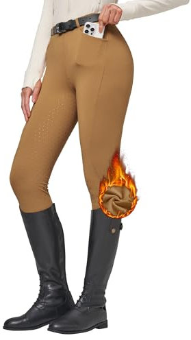 WILLIT Damen Reithose Winter gefüttert Reithose Fleece Reitleggings Silikon Vollbesatz Reitsport Thermo Hose mit Taschen Gürtelschlaufen Kaffee M