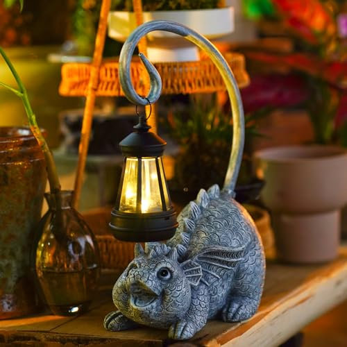 Yeomoo Drachen Figuren Deko Dragon Gartendeko mit Solarlampen: Drach Gartenfiguren Lustige Geschenke für Frauen Männer Geburtstagsgeschenk Drachenlampe Wasserdicht Deko für Zimmer Balkon Terrasse Grau