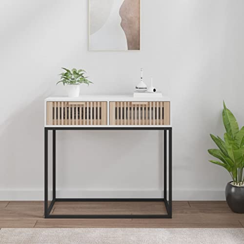 Natulvd Slim Konsolentische Beistelltisch mit 2 hohlen Schubladen, 80 x 30 x 75 cm, Flurschreibtisch mit Metallbeinen, für Wohnzimmer/Schlafzimmer/Flur (weiß)