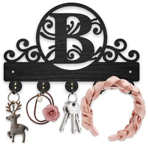 MAYJOYDIY Dem Buchstaben „B“ Schlüsselbrett Aus Holz Für Die Wand 30×20cm Weinrebenmuster Montierter Schlüsselständer Großbuchstaben Huthaken 5 Haken Aus Legierung Für Eingangsbereich Haustür Flur