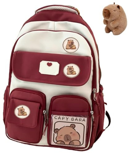 WANWEN Niedlicher Cartoon Rucksack für Kinder, Süßer Capybara Rucksack mit süßen Accessoires (Red)
