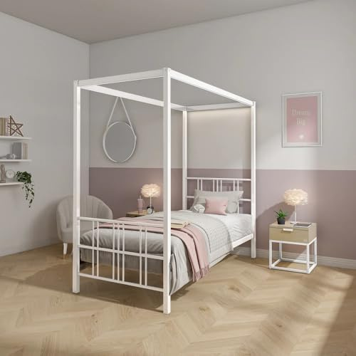 X-Rocker FERN Four Poster Bed with LED Lighting, Single 3ft Bedstead, Metal Canopy Bed Frame, Sturdy 4 Poster Bed Frame with Headboard and Dimmable LED Lighting, 3 Light Settings XR LIVING - WHITE