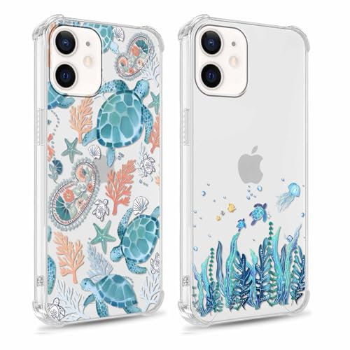 Yomjew 2 Pack Cute Blue Turtle Phone Case for iPhone 12 Mini 5.4, Aesthetic Cartoon Animal Design Clear Cases Slim Soft Silicone TPU Shockproof Protective Fundas for Girls Women Men