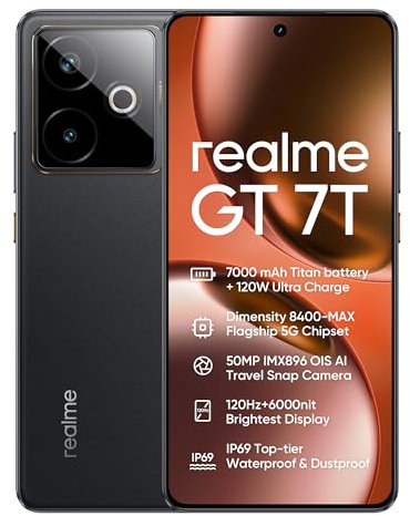realme GT 7T Smartphone 12+256 GB 5G Telefono Mobile, MediaTek Dimensity 8400, Batería 7000mAh Ricarica Rapida 120W, Cámara 50MP AI Travel Snap, 6.8 1.5K 120Hz, NFC Doble SIM, Colore Nero