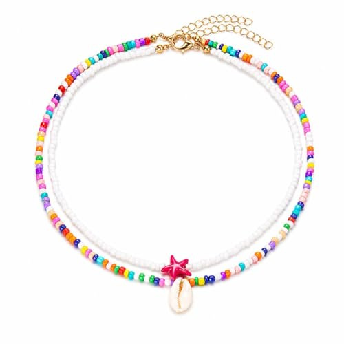 Juguta Conjunto de dos piezas Collar con cuentas de concha estilo bohemio, cuentas de colores, con colgante adecuado para verano, para mujeres y niñas