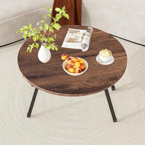 BOPRHOM Couchtisch rund,Wohnzimmertisch rund,Beistelltisch,Couchtisch aus Holz,platzsparender Teetisch,Sofa,Mitteltisch für kleine Räume/Wohnzimmer,einfach zu montieren,Vintagebraun