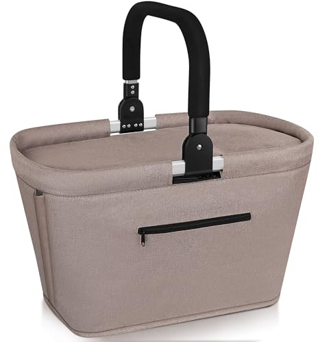 Anhow 35L Kühltasche Einkaufskorb Faltbar mit 2 Stützstangen, Große Isolierte Kühlkorb mit Aluminium Griff Wasserabweisendes Praktischer Tragekorb für Reisen Picknick Einkaufen Geschenk - Khaki