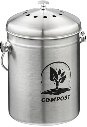 Relaxdays Komposteimer Küche, 5 l, Kleiner Mülleimer, Deckel und Geruchsfilter, Abfalleimer Biomüll, Metall, Silber