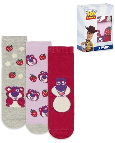 Disney Toy Story Lotso Girls Calf Socks Set of 3 | Grey, Red, Purple Striped & Floral Design | Everyday Wear for Kids | Character Socks Merch