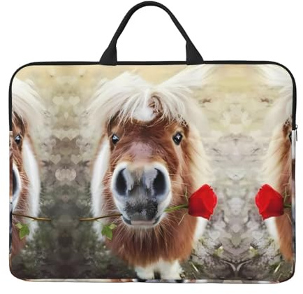 Laptoptasche mit Pferde- und Rosen-Motiv, 35,6 cm (14 Zoll), tragbarer Griff und Reißverschluss, ideal für Reisen, Business und Büro