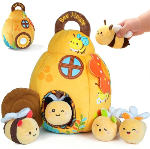Baby Toys for Baby Infant 0-3-6-12 Months, Soft Beehive Toddlers Busy Toys with 5 Sensory Plush Bees - Bells, Crinkle, Rattles, Mirror & Textures, Stuffed Animals for Boy, Girl Christmas Birthday Gift