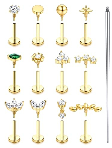 KRFY 16G/18G Piercing Helix Tragus Acier Chirurgical Filetage Interne Piercing Nez Oreille Hypoallergénique Conch Helix Tragus Labret Piercings Bijoux Or Argent 6/8 MM