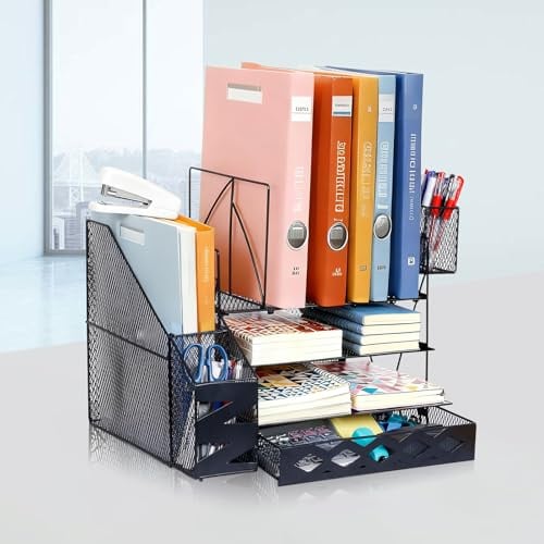 Mulaibdin Schreibtisch Organizer mit Aktenhalter, Papier Briefablage mit Schubladen & Stifte Organizer, Ordner Dokumentenablage Schreibtisch Metall, Büro Organizer Ablage für Bürobedarf,Schule